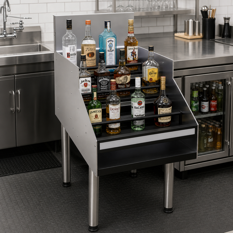 Product image #2 for Glastender Free-Standing Stainless Steel 5-Step Underbar Liquor Display, 18"W x 29"D