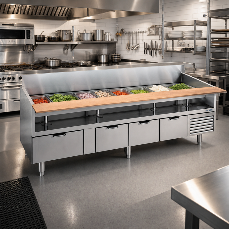 Product image #2 for La Rosa Refrigeration Four-Section Refrigerated Equipment Stand with 4 Drawers, 102-Inch x 26.5-Inch, Stainless Steel, Self-Contained Side-Mounted Refrigeration