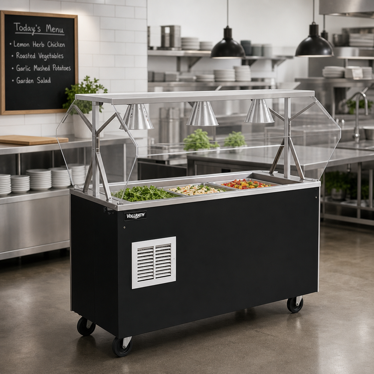 Product image #2 for Vollrath 2-Series Affordable Portable Refrigerated Cold Food Buffet Station with Clear Acrylic Breath Guard, 3-Pan