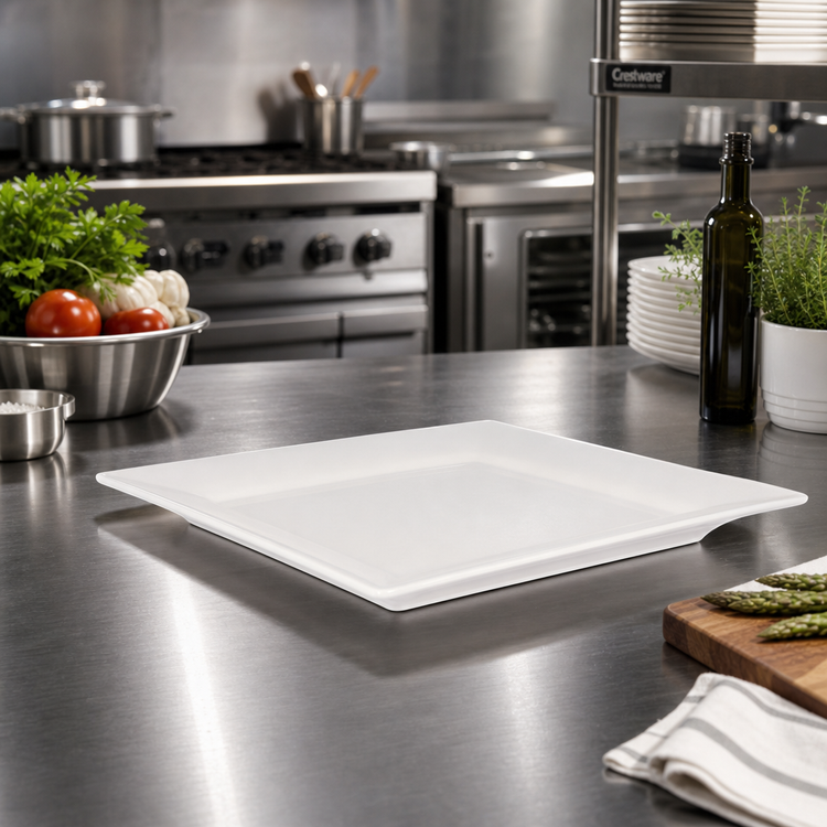 Product image #2 for Crestware Quattro 15-Inch Square Wide Rim Ceramic Plate, Pearl White