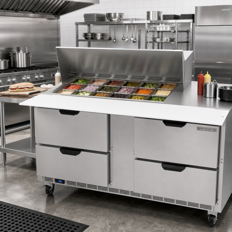 Product image #3 for Beverage-Air 60-Inch Mega Top Refrigerated Sandwich Prep Table with 4 Drawers and 18-Pan Capacity
