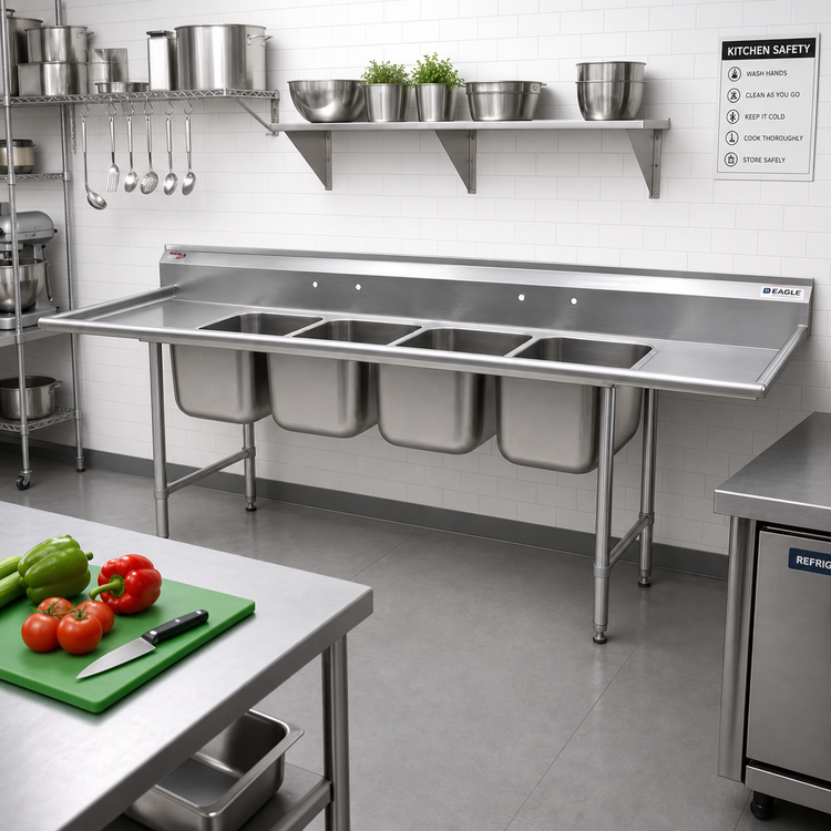 Product image #2 for Eagle Group 414 Series Coved Corner Four-Compartment Sink with Double 18-Inch Drainboards