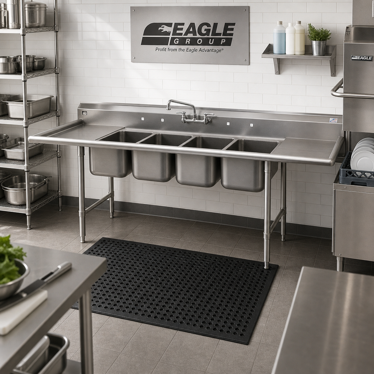 Product image #2 for Eagle Group 414 Series Coved Corner Four-Compartment Sink with Double 18-Inch Drainboards