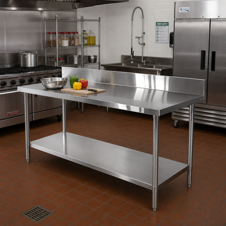 Product image #2 for Thunder Group 72-Inch x 30-Inch 18-Gauge 430 Stainless Steel Flat Top Work Table with 4-Inch Backsplash and Undershelf