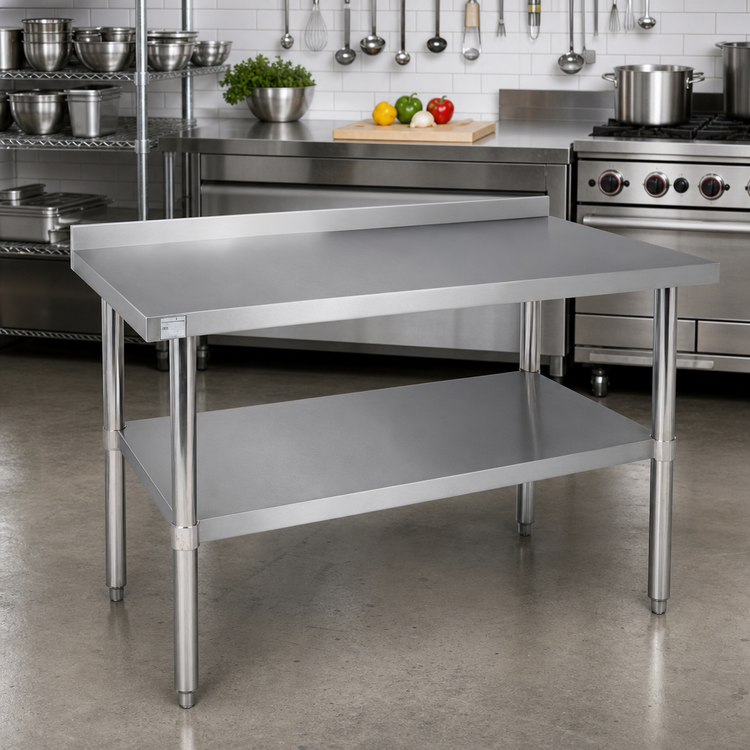 Product image #2 for 48-Inch x 30-Inch 18-Gauge Stainless Steel Work Table with 2-Inch Backsplash and Adjustable Undershelf