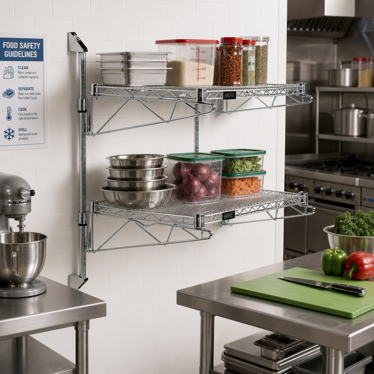 Product image #2 for Quantum Wall-Mount Cantilever Double Wire Shelving Unit, 2 Shelves, 42 x 14 Inches, Chrome-Plated