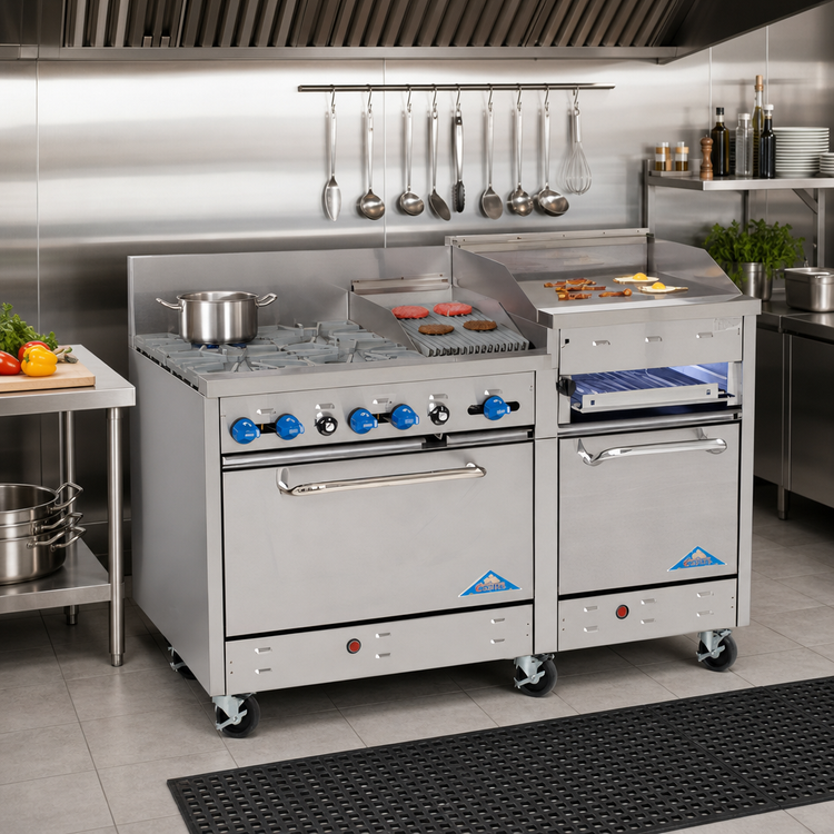 Product image #2 for Comstock-Castle Stainless Steel 60-Inch Commercial Gas Range with 2 Open Burners, 30-Inch Raised Griddle, 18-Inch Char-Broiler, and 2 Standard Ovens