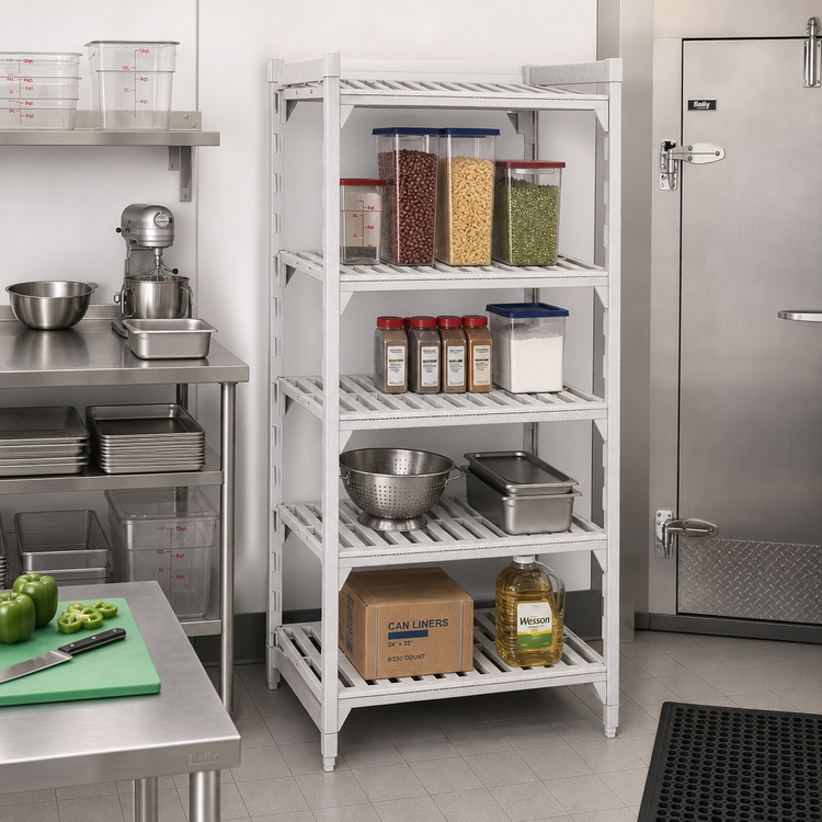 Product image #3 for Cambro Camshelving Premium 4-Shelf Vented Stationary Starter Unit, 24 in. x 30 in. x 72 in., Speckled Gray