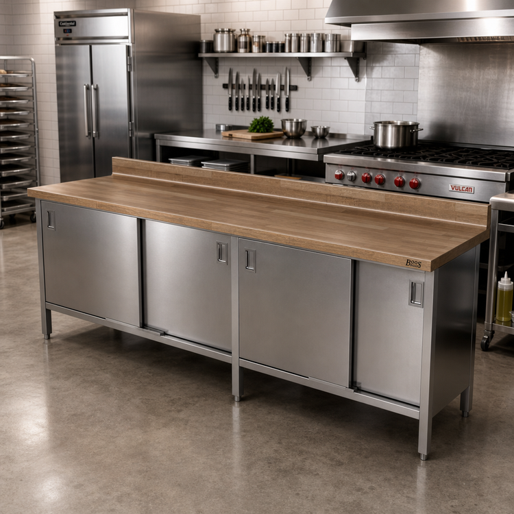 Product image #2 for John Boos 144-Inch Wood Top Work Table with Stainless Steel Cabinet Base and Sliding Doors