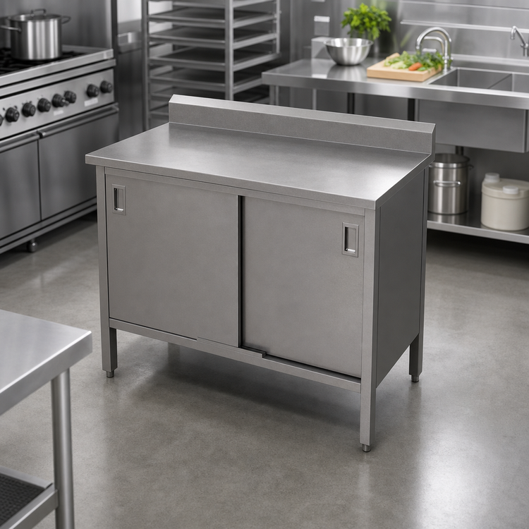 Product image #2 for John Boos Enclosed Work Table with Cabinet Base and Hinged Doors, 36 x 24 Inch, 14 Gauge Stainless Steel Top, 5-Inch Backsplash