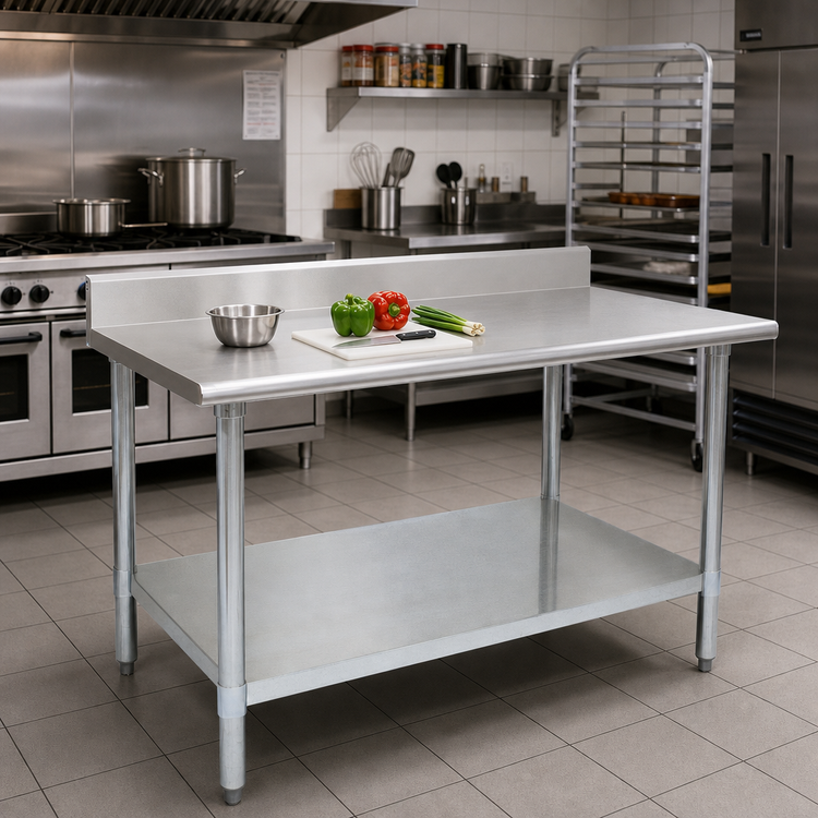 Product image #2 for Spec-Master 60 Inch x 30 Inch 14 Gauge Stainless Steel Work Table with 4-1/2 Inch Backsplash and Adjustable Galvanized Undershelf