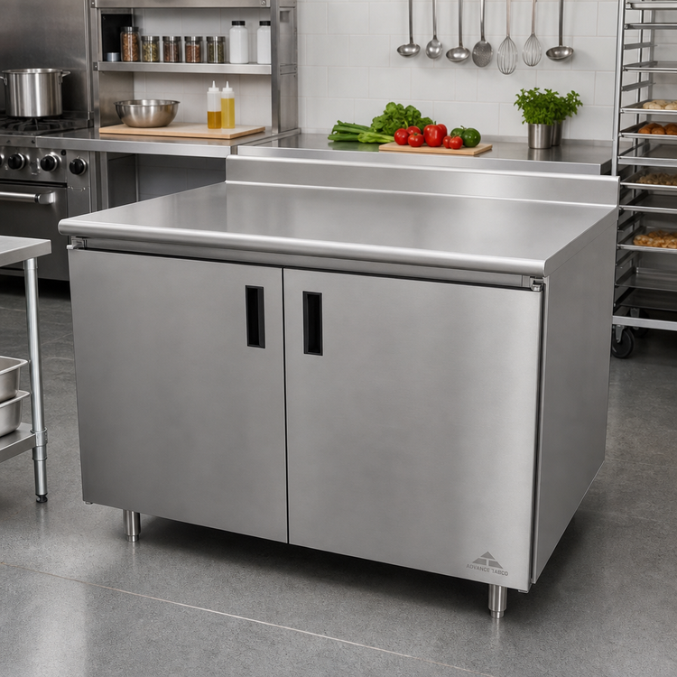 Product image #2 for Advance Tabco 48 Inch x 30 Inch Enclosed Work Table with Cabinet Base, 14 Gauge 304 Stainless Steel Top, 5 Inch Backsplash, Mid-Shelf and Hinged Doors