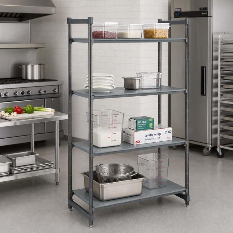 Product image #2 for Cambro Camshelving Basics Plus 4-Shelf Solid Stationary Polymer Shelving Starter Unit, 18 x 36 x 64 Inches, Brushed Graphite