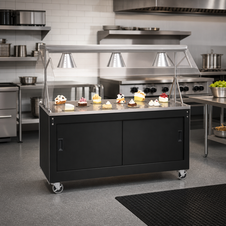Product image #2 for Vollrath 2-Series Affordable Portable 60-Inch Mobile Solid-Top Utility Station with Illuminated Buffet Breath Guard and Sliding Door Storage