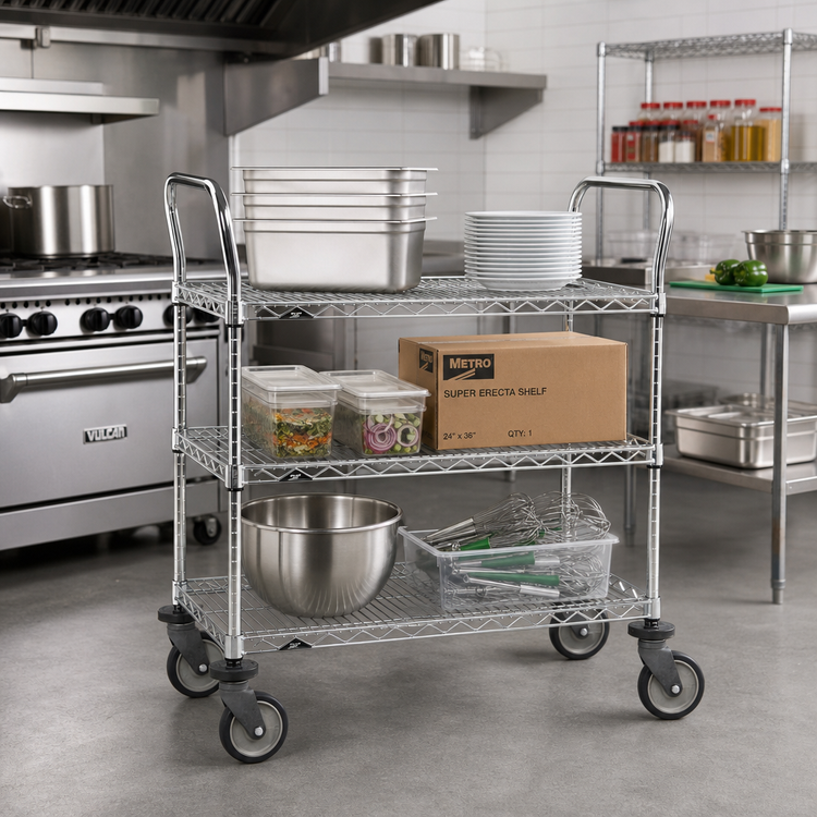 Product image #2 for Metro Super Erecta Heavy Duty 3-Shelf Wire Utility Bus Cart, 36 x 24 x 39 Inches, Stainless Finish