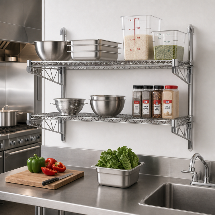 Product image #2 for Advance Tabco Special Value Series 2-Tier Adjustable Wall-Mount Wire Shelving Post and Brackets for 18-Inch Deep Shelves
