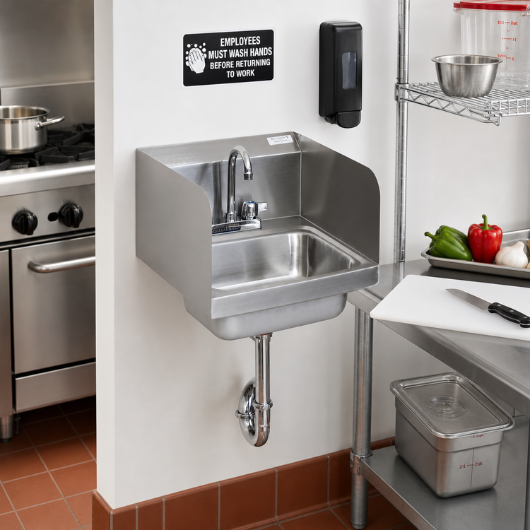 Product image #2 for BK Resources Wall-Mount 304 Stainless Steel Hand Sink with 14 x 10 x 5 Inch Bowl, Faucet, Side Splashes and P-Trap