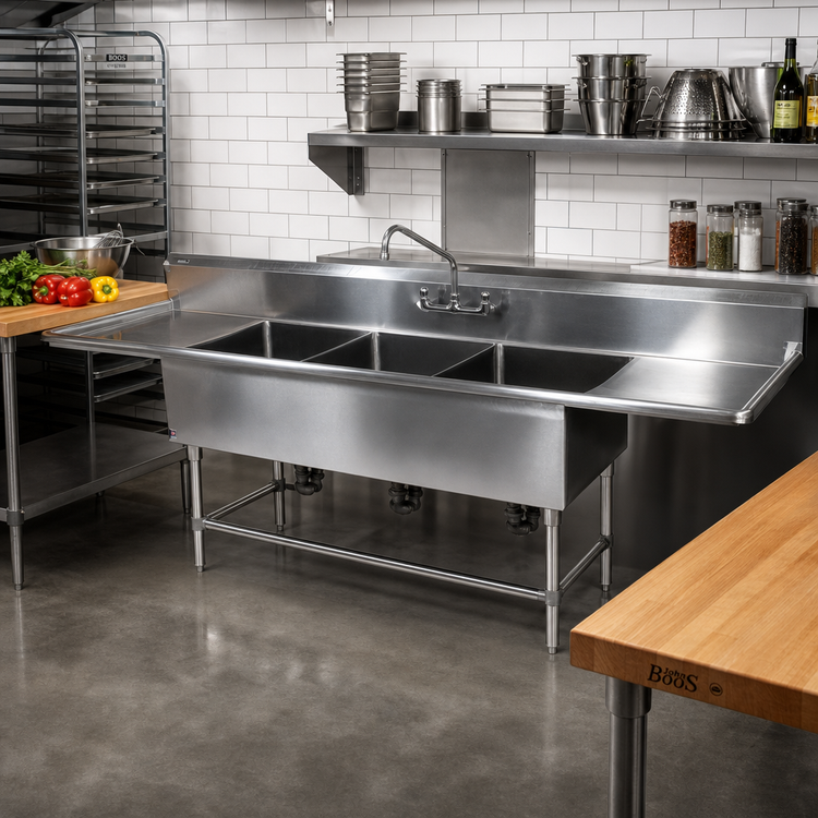 Product image #2 for John Boos Pro-Bowl 3-Compartment Sink with Two 30-Inch Drainboards, 18" x 24" x 12" Bowls