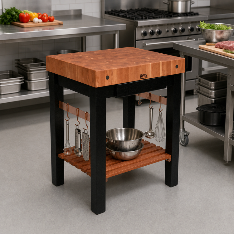 Product image #3 for Rouge et Noir Pro Prep Bloc American Cherry End Grain Butcher Block Work Table with Shelf and Copper Hooks