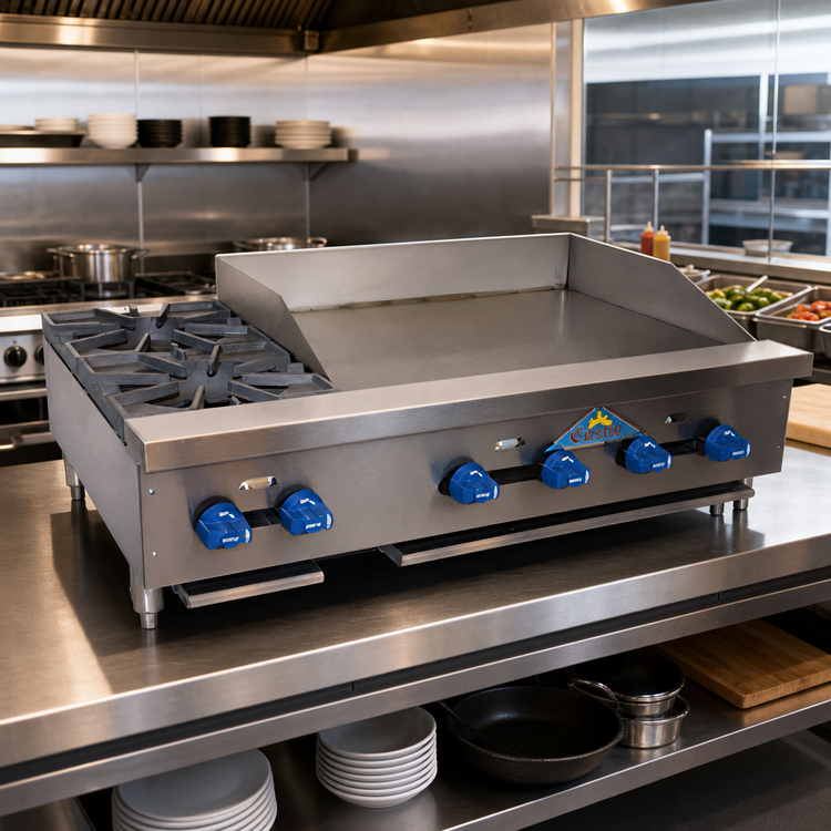 Product image #2 for Comstock-Castle 42-Inch Countertop Gas Char-Broiler/Griddle Combination with 30-Inch Griddle and 12-Inch Broiler