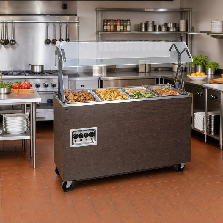 Product image #2 for Vollrath 2-Series Affordable Portable 3-Well Mobile Hot Food Station with Buffet Breath Guard, Open Storage Base, and Walnut Woodgrain Finish, 208-240V