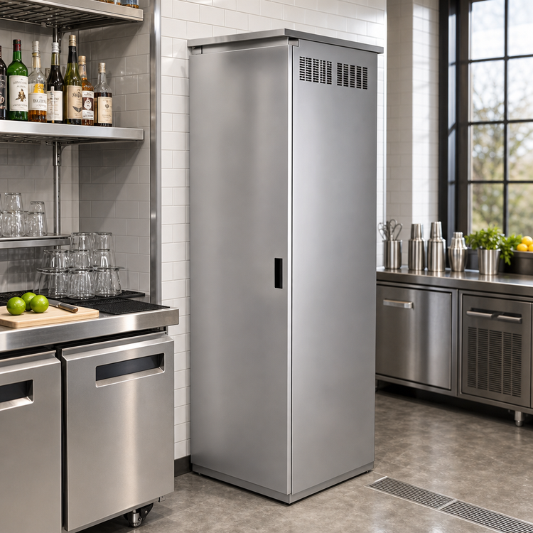 Product image #2 for Advance Tabco Freestanding Stainless Steel Underbar Storage Cabinet, 25-3/16 Inch W x 22-3/4 Inch D x 84 Inch H, Left-Hinged Door, Fixed Shelf