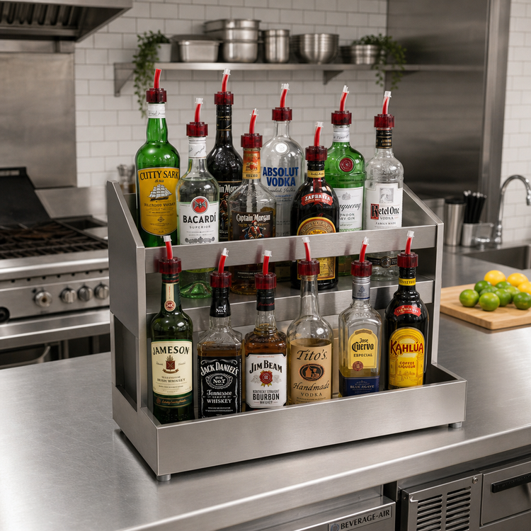 Product image #2 for Advance Tabco Underbar Basics™ Heavy Duty Double-Tier Stainless Steel Speed Rail, 42 Inch, 22-24 Bottle Capacity