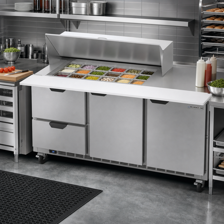 Product image #3 for Beverage-Air 72-Inch Three-Section Mega Top Refrigerated Prep Table with 18-Pan Top, 2 Doors, and 2 Drawers