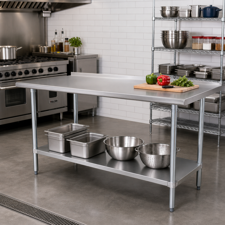 Product image #2 for Advance Tabco 84 in. x 30 in. 14-Gauge 304 Stainless Steel Work Table with 1-1/2 in. Rear Up-Turn and Adjustable Undershelf
