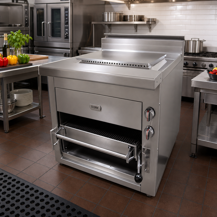 Product image #2 for Titan Heavy-Duty 36-Inch Single-Deck Upright Radiant Plancha Gas Broiler with Cabinet Base