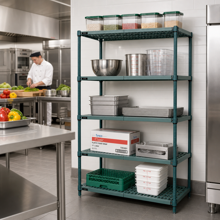 Product image #2 for Quantum 5-Shelf Stationary Wire Plastic Mat Shelving Unit, 42 x 24 x 74 Inches, Green Epoxy Antimicrobial