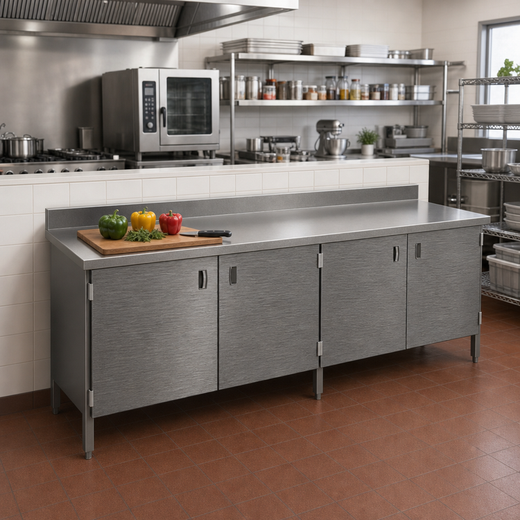 Product image #2 for John Boos 84-Inch x 30-Inch Enclosed Base Stainless Steel Work Table with Hinged Doors and 5-Inch Backsplash