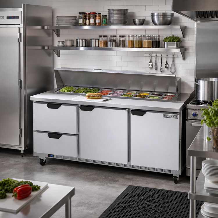 Product image #3 for Beverage-Air 72-Inch Three-Section Sandwich Prep Table with 2 Doors, 2 Drawers and 12-Pan Top