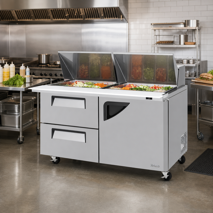 Product image #2 for Turbo Air Super Deluxe 60-1/4-Inch Two-Section 19 Cu. Ft. Mega Top Sandwich/Salad Prep Table with 2 Drawers and 1 Door