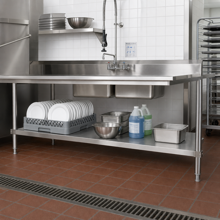 Product image #2 for Stainless Steel Dishtable Undershelf, 126 x 24 Inches, Adjustable Die-Cast Leg Clamps