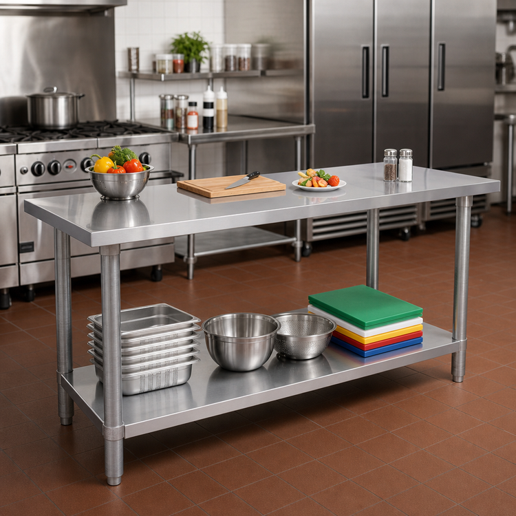 Product image #2 for Omcan USA 60-Inch x 24-Inch Stainless Steel Work Table with Undershelf and Bullet Feet