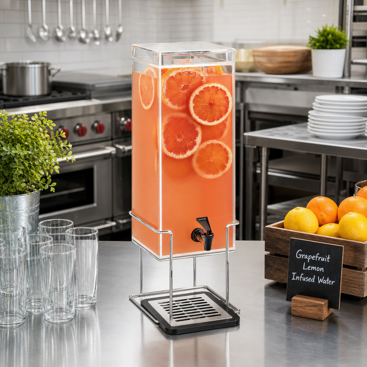 Product image #2 for Cal-Mil Mid-Century 3 Gallon Square Beverage Dispenser with Infusion Chamber, Drip Tray, and Chrome Wire Base