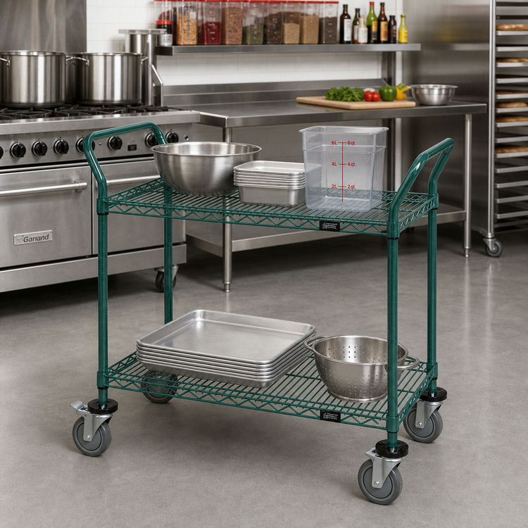 Product image #2 for Quantum 30 Inch x 18 Inch 2-Shelf Wire Utility Bus Cart with U-Handles