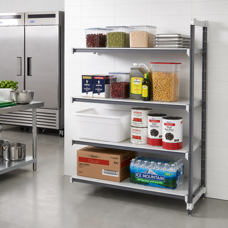 Product image #2 for Cambro Camshelving Elements XTRA 4-Tier Solid Stationary Add-On Polymer Shelving Unit, 24 x 42 x 72 Inches, Speckled Gray