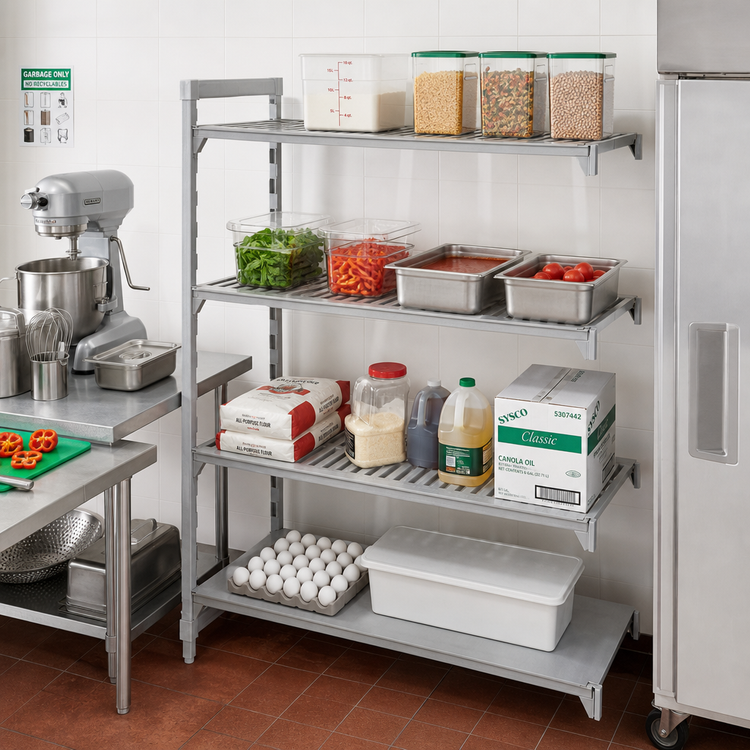 Product image #3 for Cambro Camshelving Premium 4-Tier Add-On Polymer Shelving Unit, 21" D x 60" W x 64" H, Vented and Solid, Speckled Gray
