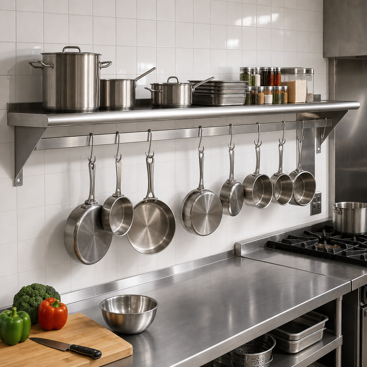 Product image #2 for Advance Tabco Wall-Mounted Shelf with Pot Rack, 120 Inch Wide x 12 Inch Deep, Stainless Steel