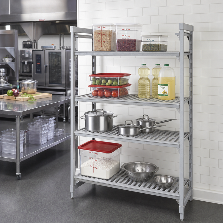 Product image #3 for Cambro Camshelving Premium 4-Shelf Stationary Starter Polymer Shelving Unit, 18 x 36 x 84 Inches, 3 Vented + 1 Solid, Speckled Gray
