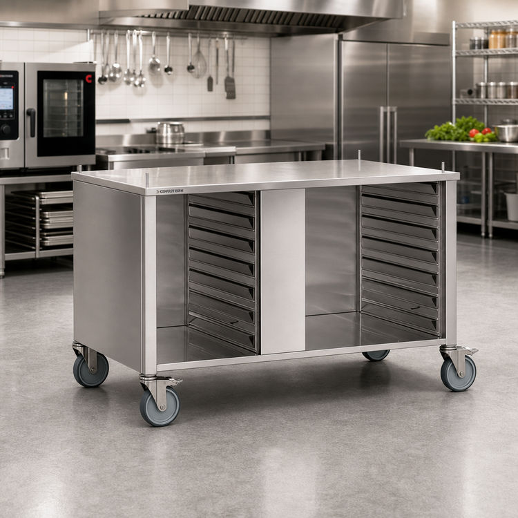 Product image #2 for Convotherm Stainless Steel Oven Stand, Closed on Three Sides, with Casters and 14 Shelf-Rail Pairs for C4 6.20/10.20