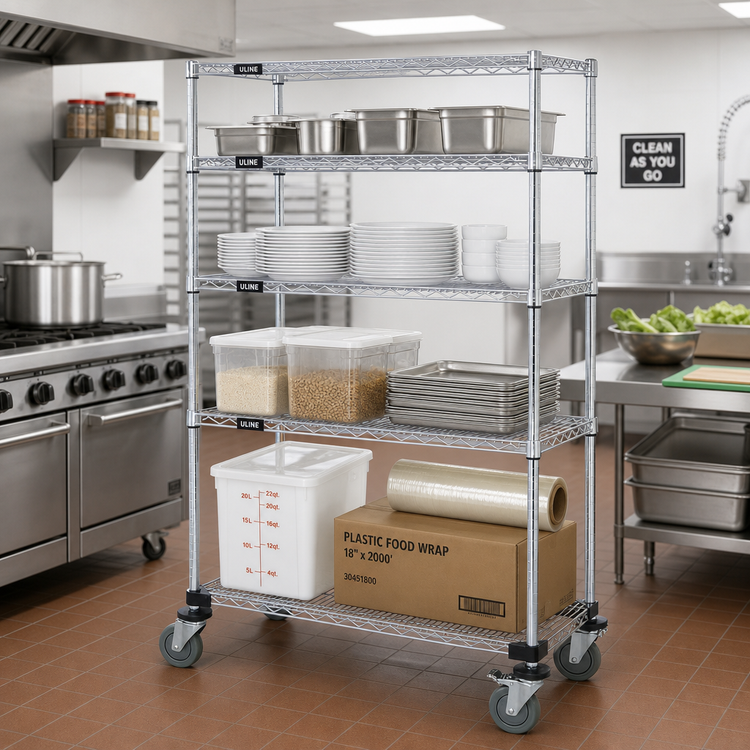 Product image #2 for Quantum 4-Shelf Mobile Wire Shelving Cart, 36" x 24" x 69", Chrome-Plated Finish