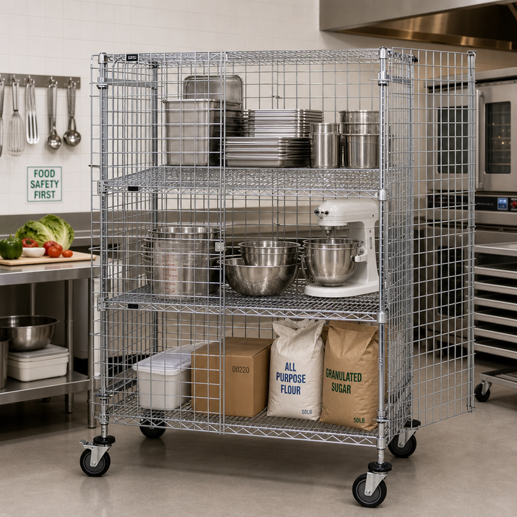 Product image #2 for Quantum Mobile Chrome-Plated Wire Security Cage with 2 Intermediate Shelves, 60" W x 18" D x 69" H