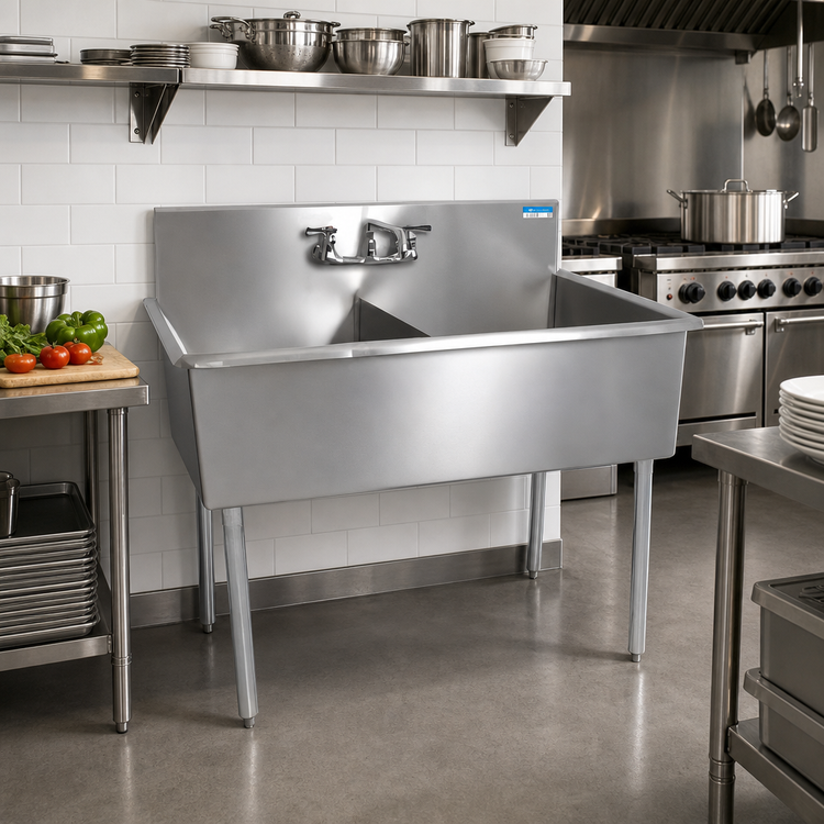 Product image #2 for BK Resources Budget 2-Compartment Stainless Steel Sink with 8-Inch Backsplash and Legs