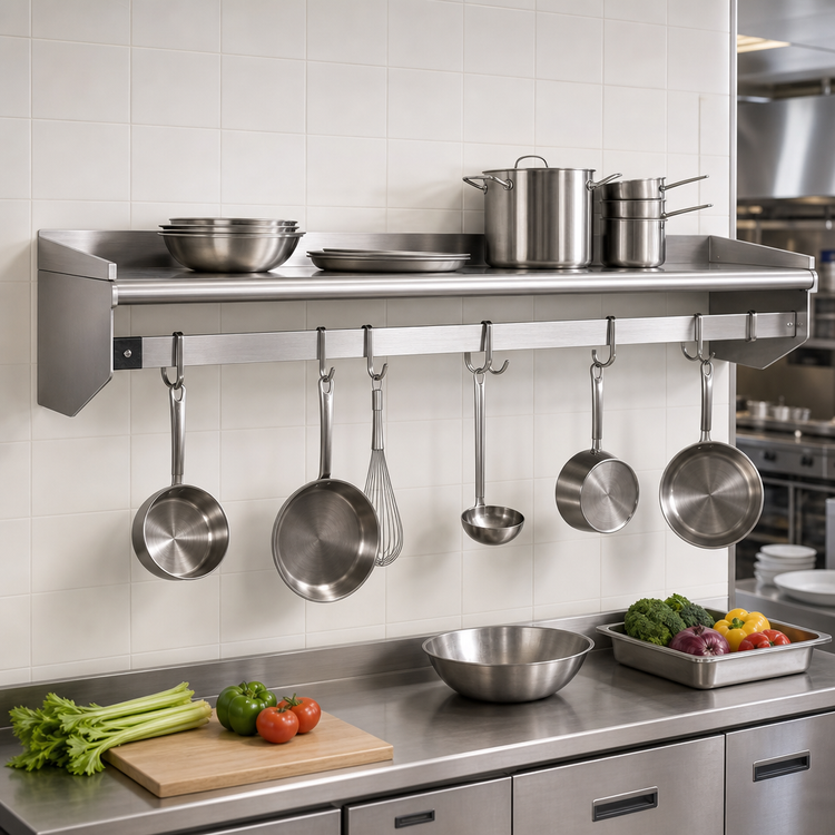 Product image #2 for Wall Shelf with Removable Hooks and Pot Rack, 72 Inch W x 12 Inch D, Stainless Steel
