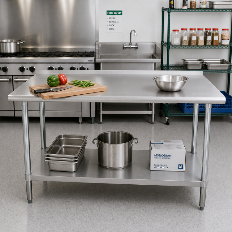 Product image #2 for Advance Tabco Special Value 84"W x 24"D 16-Gauge 430 Stainless Steel Work Table with 1-1/2" Rear Up-Turn and Undershelf