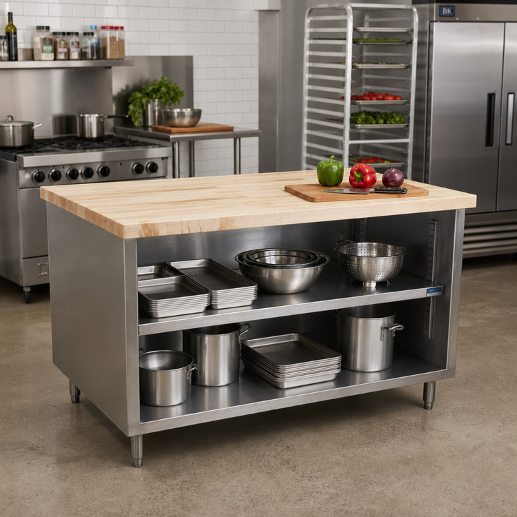 Product image #2 for BK Resources 60 Inch x 36 Inch Hard Maple Top Chef Table with Open Front Stainless Steel Cabinet Base