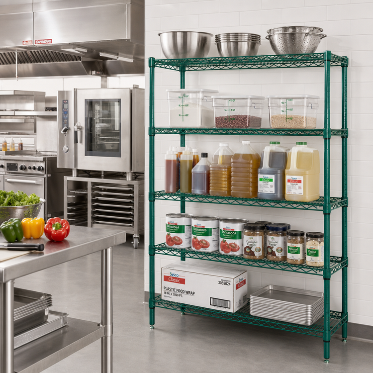 Product image #2 for Quantum Wire Shelving Starter Kit, 36"W x 12"D x 74"H, 5 Shelves, Green Epoxy Antimicrobial Finish